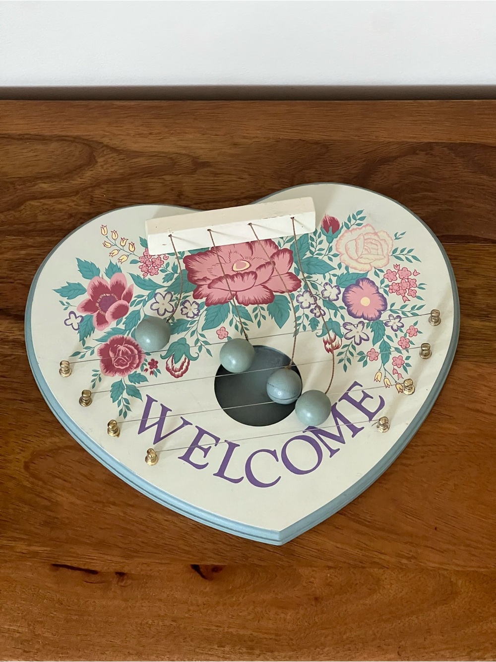 Vintage Heart Wooden Door Harp - Hand Painted Floral Folk Art "Welcome" Chime